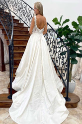 White Satin V-Neck Backless A-Line Long Wedding Dress